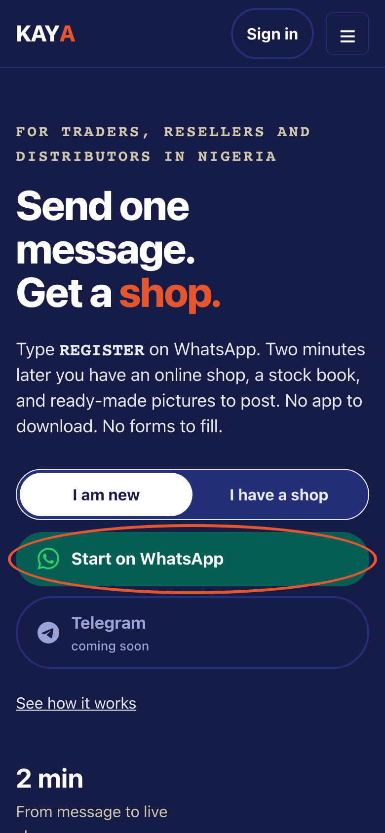 Step 1 of Start your shop with one message